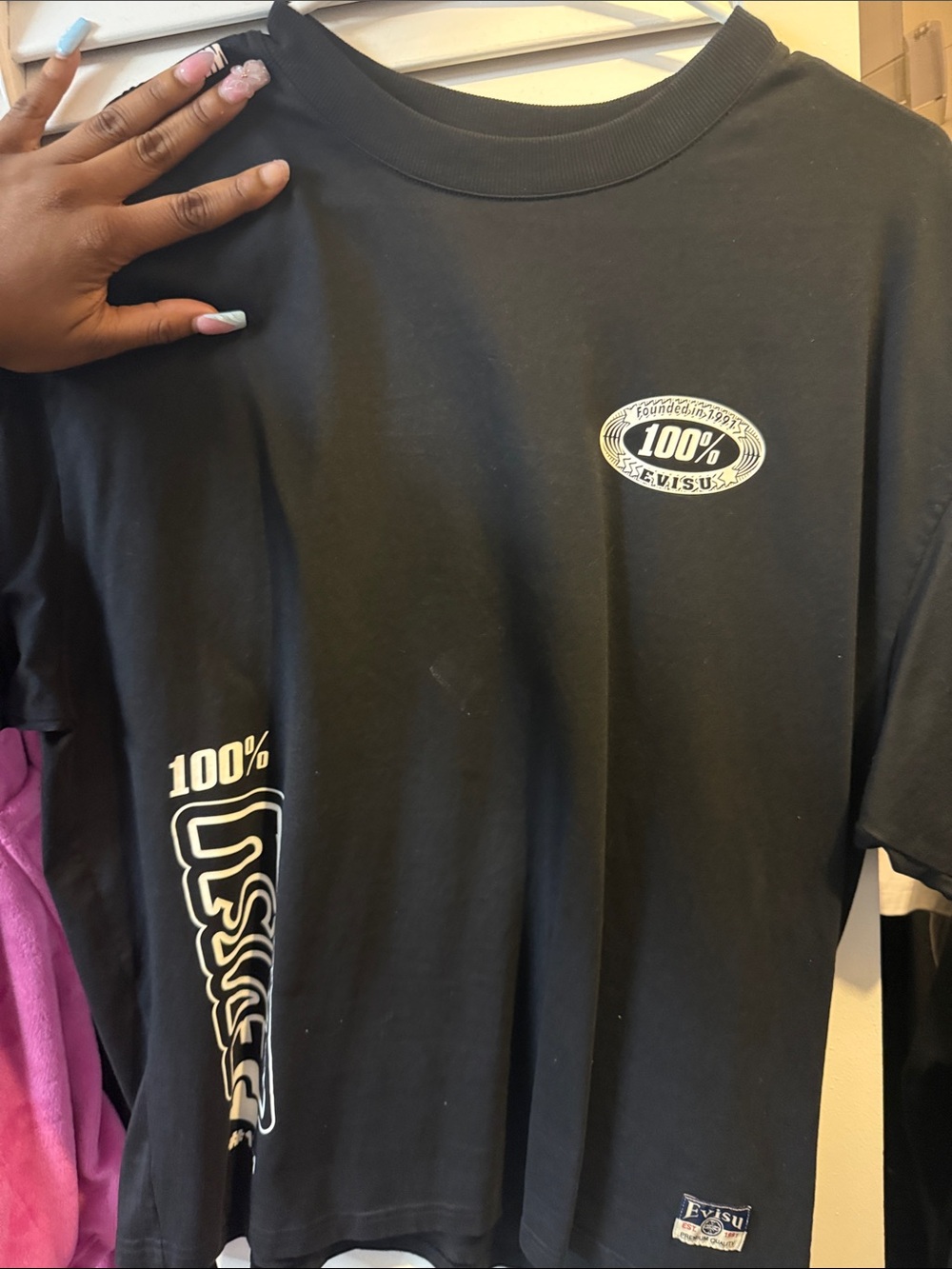 Evisu Black Short-Sleeve Tee with White 100% Logos